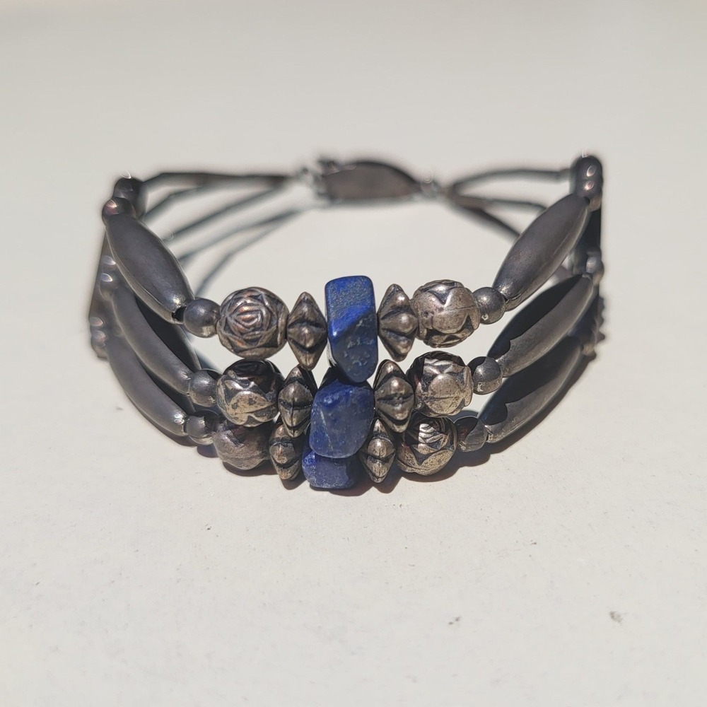925 Sterling Silver Vintage Lapis Lazuli Triple Strand Liquid Silver Bracelet